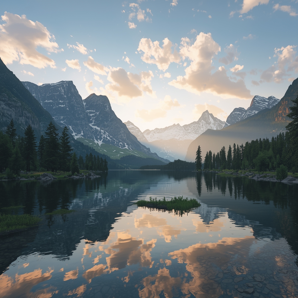 Photorealistic landscape of a serene mountain lake at sunrise with reflection, highly detailed, no people